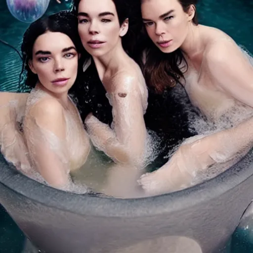 Image similar to stunning vogue magazine photo of dark - haired goddesses vanessa kirby, hailee steinfeld, and bjork smiling, legs intertwined, in a bubble bath, with wet faces!!, wet lips, smooth skin, perfect eyes, insanely detailed, elegant, by wlop, rutkowski, livia prima, mucha, wlop,