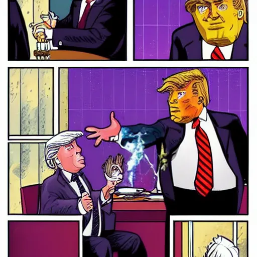 Prompt: thanos and trump having dinner,