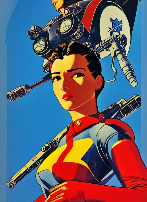 Image similar to soviet propaganda poster art. powerful cyberpunk pilot. portrait by jean giraud and anton otto fischer and john philip falter and will eisner and gil elvgren and pixar. full body. realistic proportions. science fiction d & d. overwatch, rb 6 s, cyberpunk 2 0 7 7, blade runner 2 0 4 9. cel shading. thick lines.