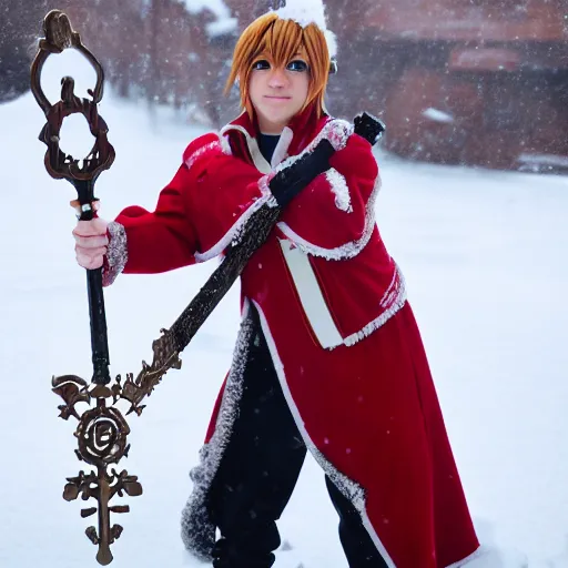 Prompt: of sora cosplay holding keyblade with snow background 35mm