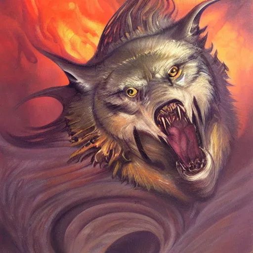 Image similar to detailed portrait of wolf fish hybrid if his parents lived intricate, hyper detailed, realistic, oil painting, by julie bell, frank frazetta, cinematic lighting