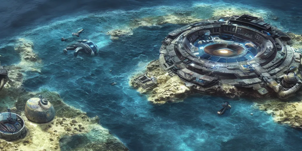 Prompt: circular floating ocean settlement, low angle view, fusion of subnautica and star trek, by noriyoshi ohrai, soft natural volumetric lighting, beautifully detailed 4 k octane render, 4 k post processing