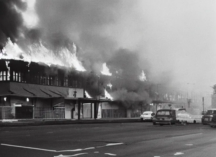 Prompt: an overexposed kodak 500 photograph of a bingo hall on fire, muted greenish blue colors