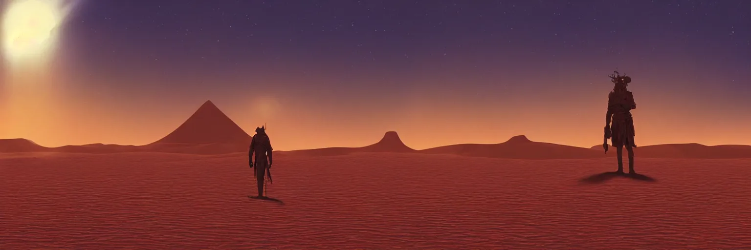 Prompt: a lone tusken raider watching the sunset, by Angus McKie, luminous lighting, cinematic, aspect ratio 1:3