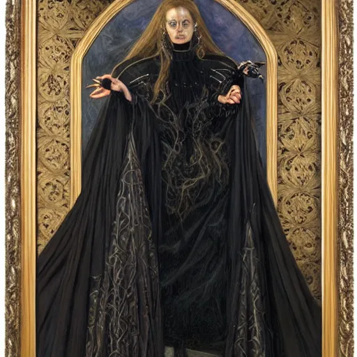 Prompt: portrait of a witch, dressed in black clothes embroidered with gold, by donato giancola, gerald brom, and berthold woltze.