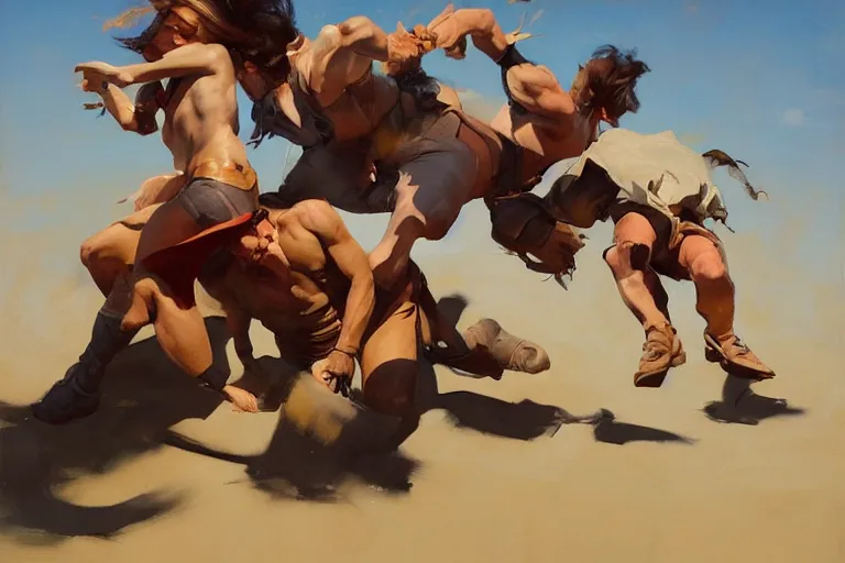 Image similar to greg manchess portrait of people falling over each other in an arena, profile picture, organic painting, sunny day, matte painting, bold shapes, hard edges, street art, trending on artstation, by huang guangjian, gil elvgren, ruan jia, randy vargas, greg rutkowski