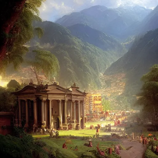 Image similar to bogota, colombia, painted by thomas cole, with dramatic lighting, concept art, matte painting, 8 k, highly detailed, artstation