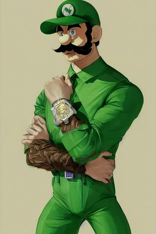 Image similar to gigachad luigi wearing a green jumpsuit by ilya kuvshinov, bodybuilder ernest khalimov, super mario bros symmetrical face concept art, hyper realistic, intricate, elegent, highly detailed, digital painting, concept art, smooth, sharp, focus, illustration, art by artgerm and greg rutkowski and alphonse mucha, artstation