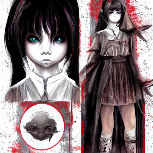 Image similar to Silent hill character sheet of Yui Mizuno from Babymetal, intricate, elegant, highly detailed, digital painting, artstation, character concept art, smooth, sharp focus, illustration, art by artgerm