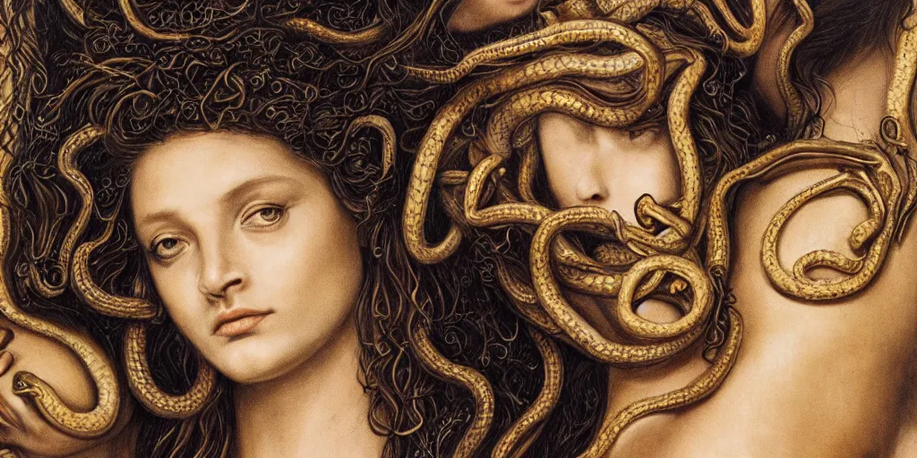 Image similar to realistic portrait of beautiful medusa with her snakes, golden, delicate, facing camera, hyper realism, 1 4 5 0, ink, ultra realistic, 8 k