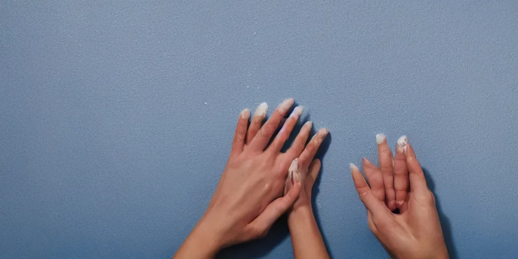 Prompt: beautiful hands, fingers intertwined, covered in white paint, dripping paint, shoulders, skin