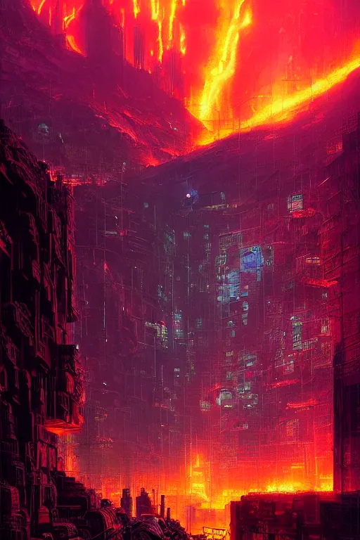 Image similar to a cyberpunk city in the crater of a volcano, lava flowing, smoke, fire, neon, industrial, by paul lehr, jesper ejsing