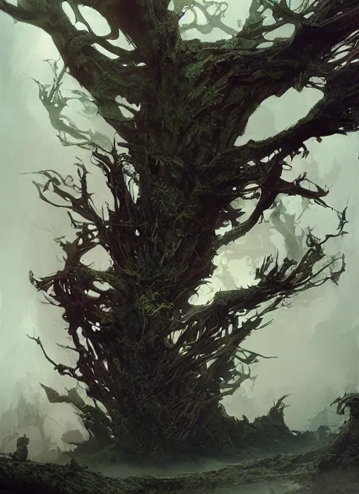 Image similar to giant dead tree, intricate, elegant, highly detailed, vivid colors, john park, frazetta, sparth, ruan jia, jeffrey catherine jones