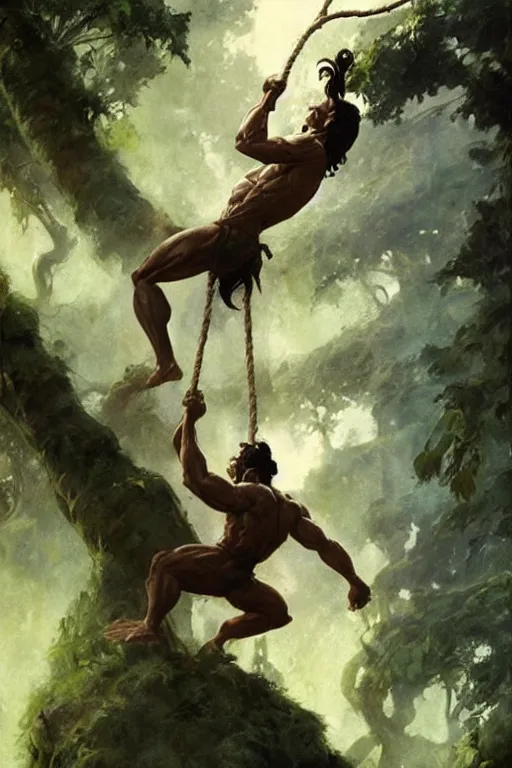 Image similar to tarzan swinging from trees, by Frank Frazetta, Greg Rutkowski, Boris Vallejo, epic fantasy character art, Exquisite detail, post-processing, low angle, masterpiece, cinematic