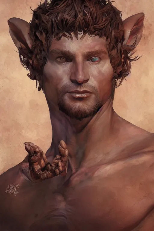 Image similar to portrait of the endgroup satyr wizard wearing lighthunt (carapace) by artgerm and Craig Mullins, James Jean, Andrey Ryabovichev, Mark Simonetti and Peter Morbacher 16k