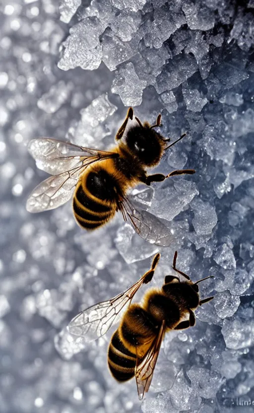 Image similar to the last bee entrapped under a layer of ice, beautiful macro photography, cold ambient light