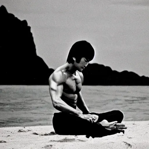 Image similar to bruce lee meditating on the beach