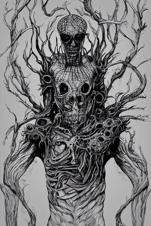 Image similar to black and white illustration, creative design, body horror, death monster