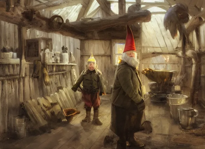 Image similar to oil painting, scandinavian gnome, dwarf, small with gray clothes, pointy top hat, in barn environment, hay and wooden tools, high detailed art by anders zorn, wonderful masterpiece by greg rutkowski, beautiful cinematic light, american romanticism by greg manchess, creation by tyler edlin