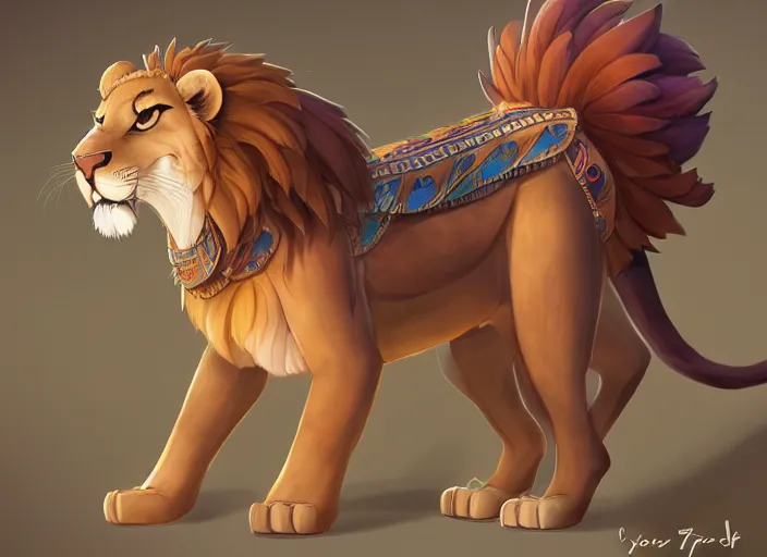 Prompt: full character design of an egyptian lion. deviantart adoptable, style of maple story and zootopia, portrait studio lighting by jessica rossier and brian froud in the style of disney, traditional