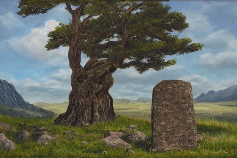 Image similar to runestone, monument, megalithic, nature, trees, mountains, focused, centered, very detailed, oil painting