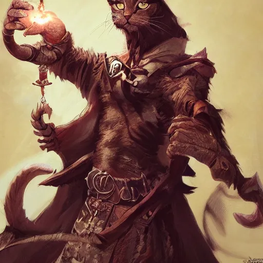 Image similar to Cat, Anthropomorphized, casting evil spell, magic the gathering artwork, D&D, fantasy, centered, symmetrical, highly detailed, artstation, concept art, sharp focus, 8k, art by Akihiko Yoshida and Greg Rutkowski and Craig Mullins, oil painting