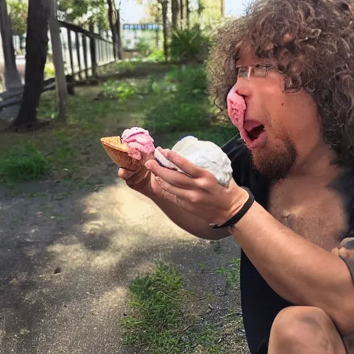 Prompt: photo of a neanderthal amazed eating ice cream