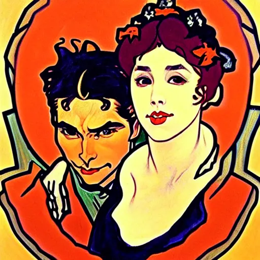 Image similar to painting of handsome young beautiful jeff and gorgeous rina together at the jack o'lantern halloween party, elegant, clear, painting, stylized, art, art by alphonse mucha, vincent van gogh, egon schiele,