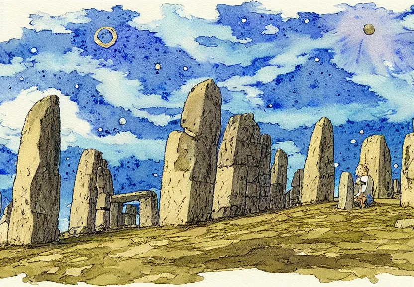 Prompt: a simple watercolor studio ghibli movie still fantasy concept art of a giant native man sitting on a tiny stonehenge in machu pichu. it is a misty starry night. by rebecca guay, michael kaluta, charles vess