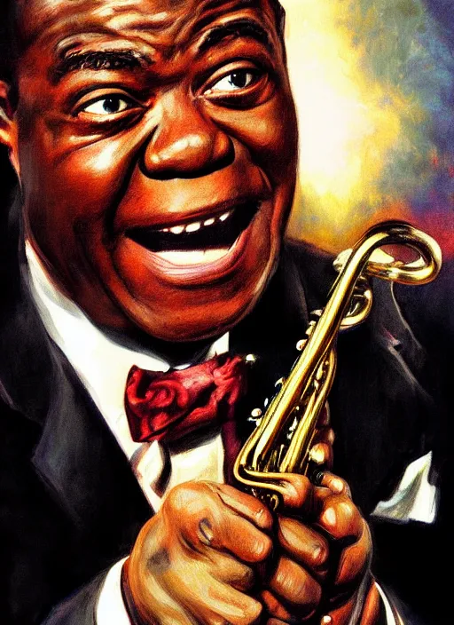 Prompt: a portrait of louis armstrong holding a white handkerchief, by drew struzan, dramatic lighting, highly detailed digital painting