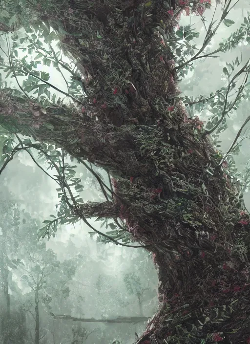 Prompt: detailed concept art pastel painting of a tree in full intricate leaves, ultra detailed digital art, octane render, 4K, dystopian, micro details,