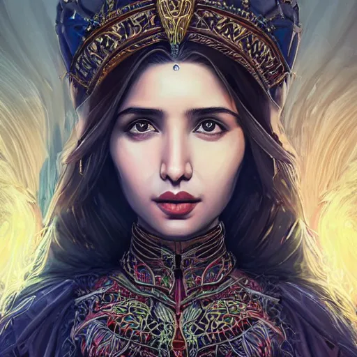 Image similar to head-on centered symmetrical painted portrait, Mahira Khan as a D&D wizard, intricate fantasy robes, fantasy, intricate, elegant, highly detailed, digital painting, smooth, sharp focus, illustration, dramatic lighting, artstation, in the style of Artgerm and Anna Podedworna and Alex Ross