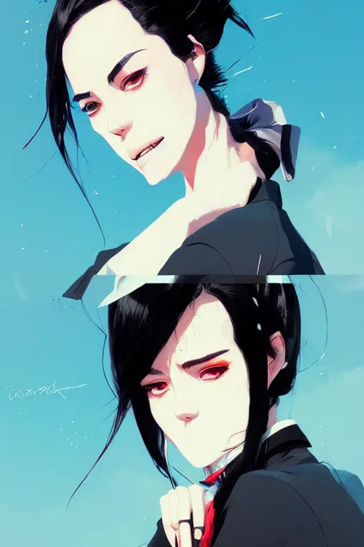 Image similar to a ultradetailed beautiful panting of a stylish woman wearing a shirt with a tie, she has black hair, by conrad roset, greg rutkowski and makoto shinkai, trending on artstation