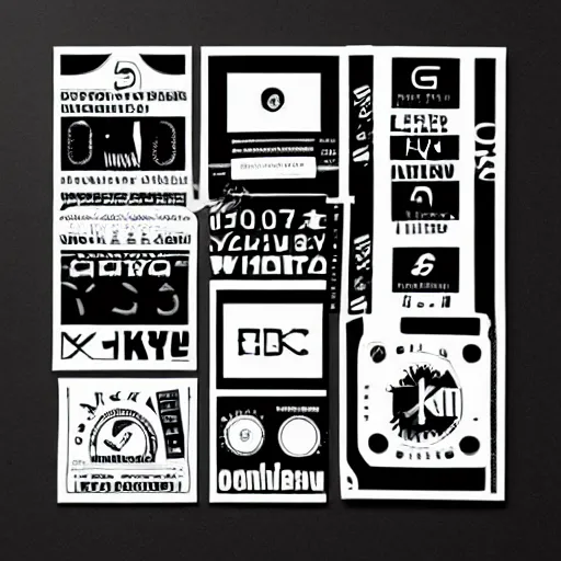 Image similar to black on white graphic design stickers in style of david rudnick, eric hu, y 2 k,