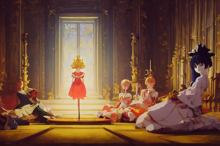 Prompt: baroque oil painting of key visual concept art of anime maid ruling as queen from extravagant throne room, brutalist, dark fantasy, rule of thirds golden ratio, fake detail, trending pixiv fanbox, acrylic palette knife, style of makoto shinkai studio ghibli genshin impact james gilleard greg rutkowski chiho aoshima