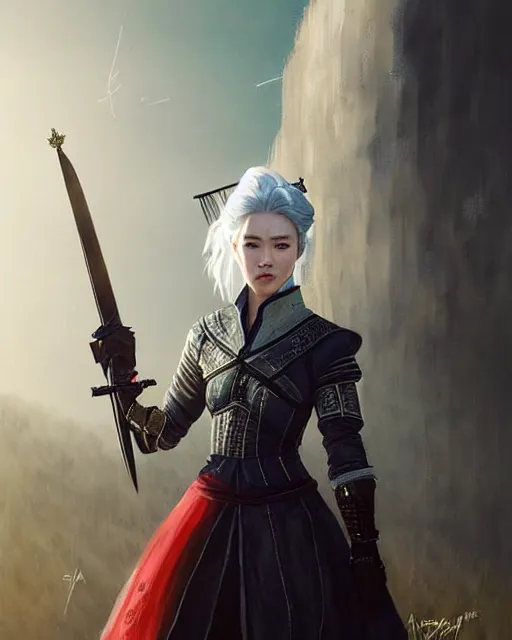 Image similar to Zhang Ziyi as Ciri from Witcher 3 by Artgerm and Greg Rutkowski, wearing haute couture by schiaparelli, sharp focus, sun rays, intricate, elegant, highly detailed, digital painting, masterpiece.