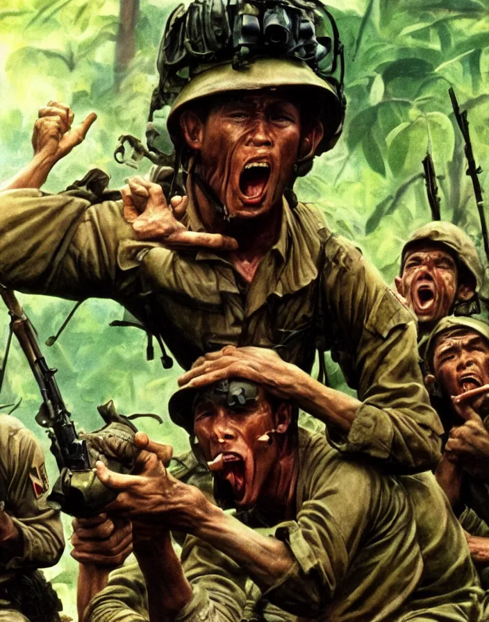 Prompt: Vietnam war scene with a few american soldiers into the jungle, extreme close up of an american soldier screaming with a hand besides his mouth, boixcar style, book cover art, movie still, cinematic lighting, art by Frank Frazetta and Alex Ross, award-winning masterpiece with incredible and beautiful details digital art, trending on artstation, smooth, sharp focus HD, 4K
