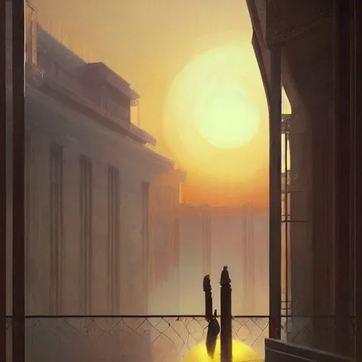 Image similar to greg rutkowski, lonely morning sunrise over an artdeco palace