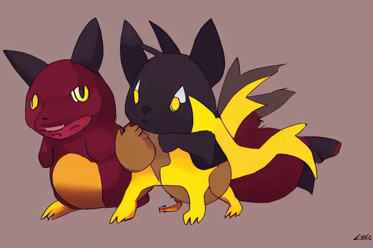 Image similar to zorua the black and maroon colored fox - like pokemon, pikachu the black and yellow electric mouse pokemon, two pokemon playing together, super detailed, clean lines, digital art