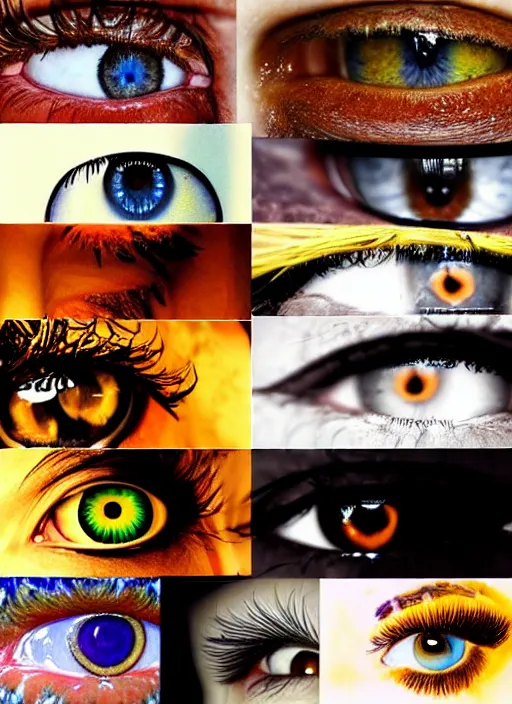 Image similar to grid montage of square shaped eyes, square shaped dilated pupils, square irises, detailed colored textures, eyelashes, advanced art, art styles mix, from wikipedia, wet reflections in eyes, sunshine light, hd macro photograph, from side, various eyelid positions, square black pupil centered