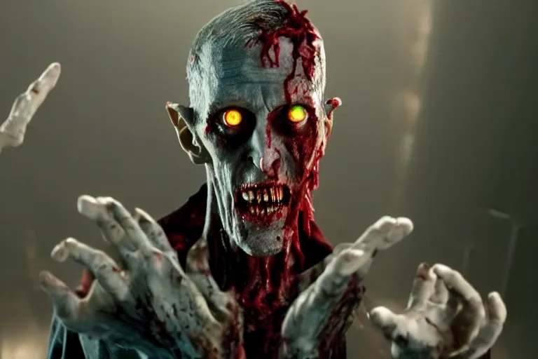 Prompt: film still of zombie zombie Ebony Maw as a zombie in new avengers movie, 4k