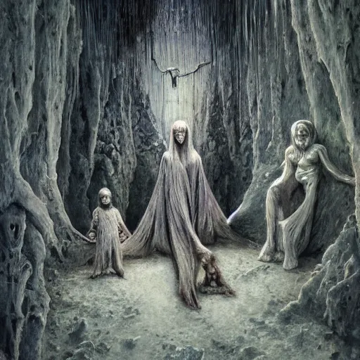 Prompt: painting of a creepy family wearing long robes, intercrossed humans, mixed animal, in a crystal cave, by giger, zdzislaw beksinski, thierry bosch, cold hue's, amazing background, digital art, concept art, animal painting, beautiful composition 3 - d 4 k,