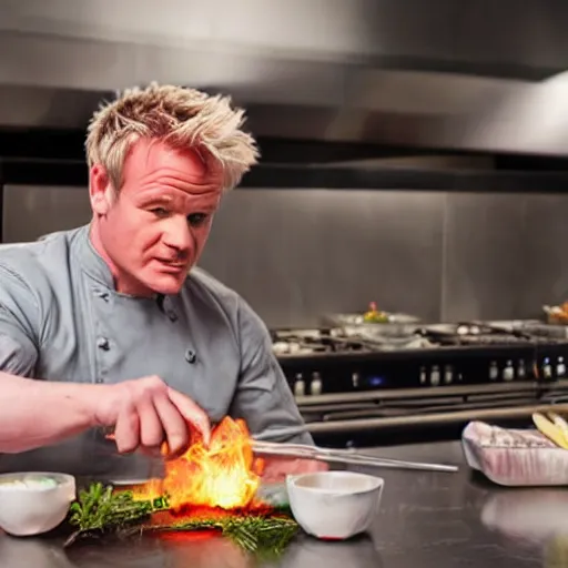 Image similar to hyper real Gordon Ramsey cooking a unicorn in kitchen 4k