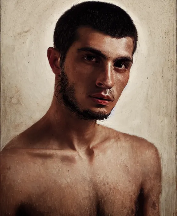 Image similar to heroic portrait of a young greek man. art by denys tsiperko and bogdan rezunenko, hyperrealism