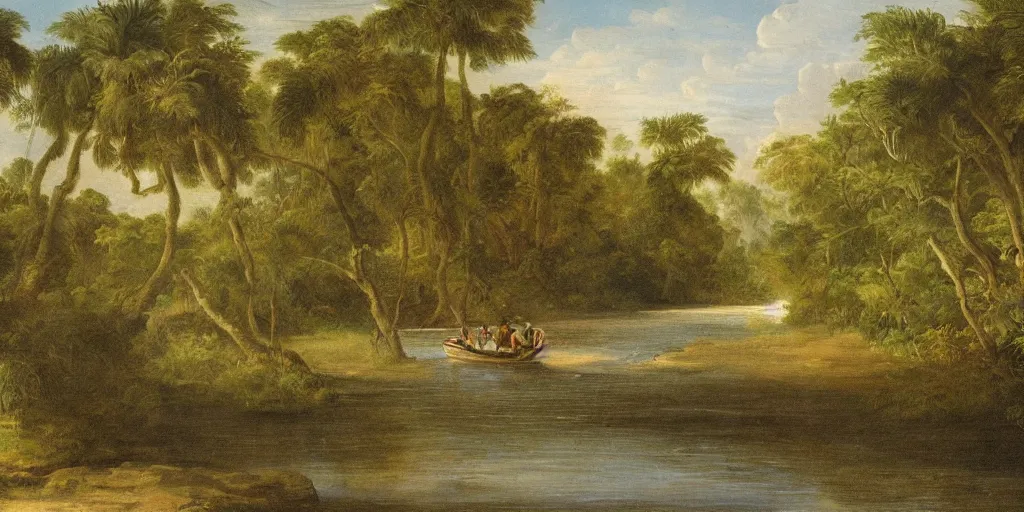 Image similar to painting of a river in the jungle with a small boat in the distance