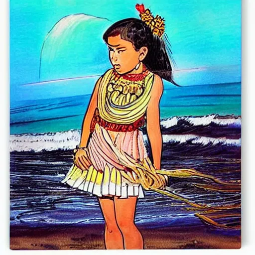 Image similar to The drawing depicts a young girl in a traditional hula outfit. She is standing on a surfboard in front of a beautiful ocean landscape. Versacci by Robert Williams, by Jim Mahfood atmospheric