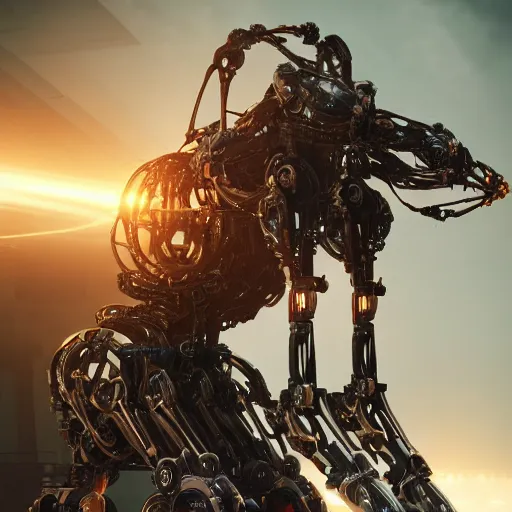 Image similar to biomechanical mecha, rays of light. Style of westworld, cables, lights, searchlight, weta digital, octane render, insane details, ultra realistic, beatifully lit, reflections