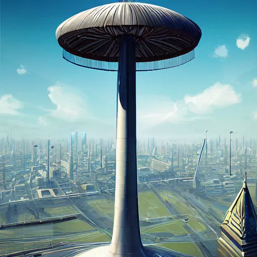 Prompt: matte painting of the bird's eye view of umbrella tower. retrofuturistic architecture. dynamic perspective. urban, detailed digital art trending in artstation