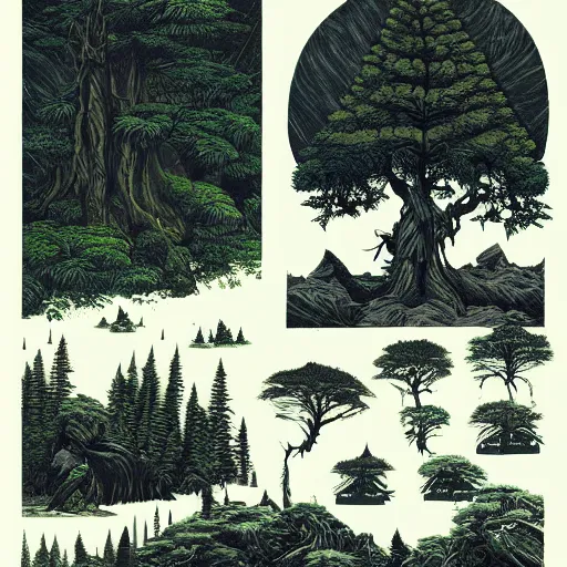 Image similar to ancient woodcut fern that depicts the forest, surrounded by mountains and clouds and thickets, at night. style of greg rutkowski and darek bonestell. trending on artstation. by raphael okamoto and thomas jones