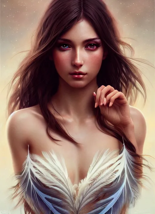 Image similar to a gorgeous female photo, professionally retouched, soft lighting, wearing a feather dress, realistic, smooth face, perfect eyes, wide angle, sharp focus on eyes, 8 k high definition, insanely detailed, intricate, elegant, art by artgerm and greg rutkowski